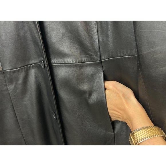 Winlit Solid Black Leather Jacket Long Coat Soft Luxurious Medium Size Unisex - Picture 3 of 12